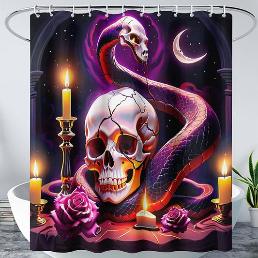 AILONEN Gothic Skull Shower Curtain for Bathroom,Terror Snake Skull Bath Curtain Decoration,Starry Skull Skeleton Print Waterproof Purple Curtain with 12 Plastic Hooks, 48" W*72" H
