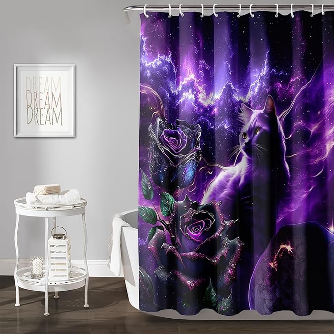 AILONEN 3D Cat Shower Curtain Set, Oil Purple Rose with Black Cat Cloth Bath Curtain for Kids Boys Girls,Boho Starry Night Shower Curtain for Bathroom,72" W*78" H