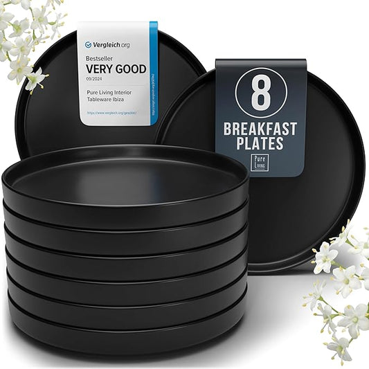 Breakfast Plates Set of 8 Manhattan in Black - Premium Stoneware for Dishwasher, Microwave - Stylish Black Plate Set Matt - Pure Living Crockery