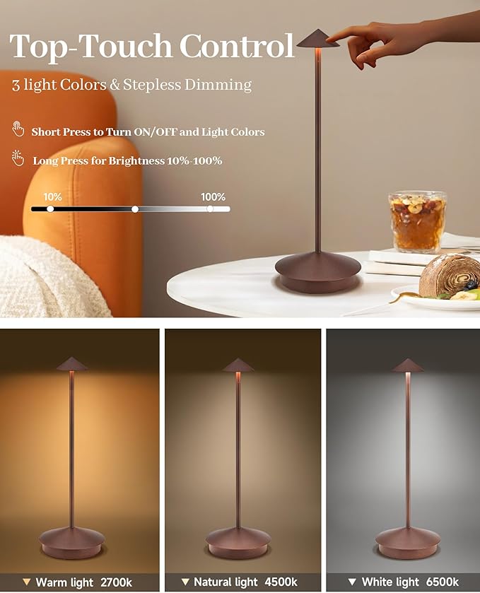 Portable Cordless Table Lamp Modern Led Desk Lamp Rechargeable 2 Pack, 6000mAh Battery Table Light for Dinning Patio Bedroom Camping Coffee shop Restaurant, IP54 Waterproof, Dimmable 3 Light Color