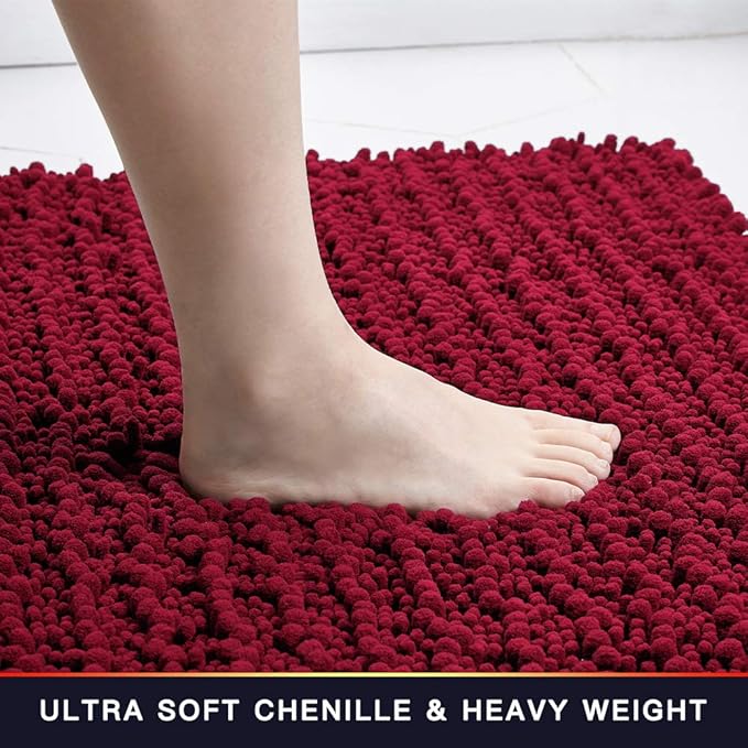 Walensee Bathroom Rug Non Slip Bath Mat (36x24 Inch Red) Water Absorbent Super Soft Shaggy Chenille Machine Washable Dry Extra Thick Perfect Absorbant Best Large Plush Carpet for Shower Floor