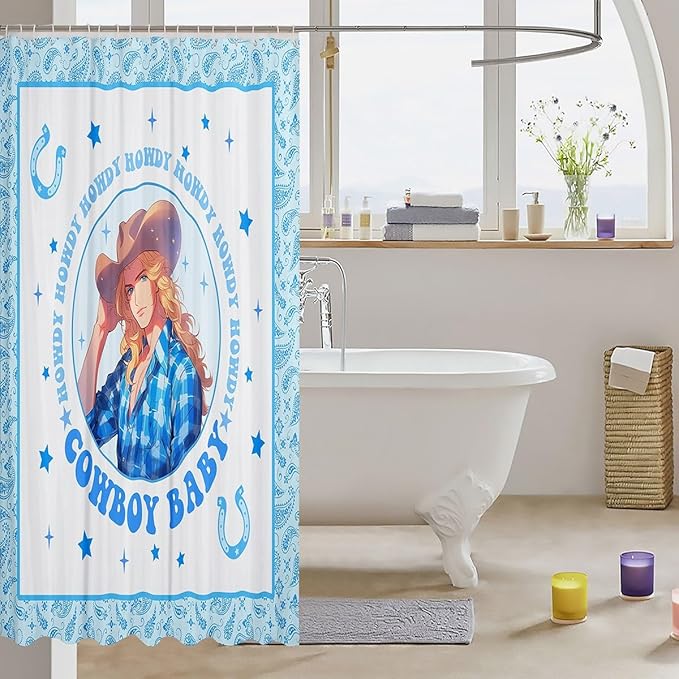 Western Cowboy Kids Shower Curtains,Starry Sky Horseshoes Geometric Patchwork Bathroom Curtains for Boys Men,Paisley Flowers Boho Blue Cartoon Waterproof Curtains,12 Hooks Suits,72" W x 84" L