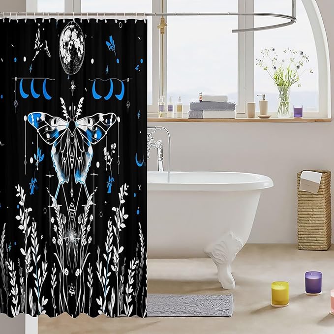 Feelyou Goth Moth Fabric Shower Curtain Bohemian Moth Floral Shower Curtain Kids Boys Girls Moon Bathroom Waterproof Accessories with 12 Hooks Boho Exotic Style Black Blue Decor Curtains,72x84 Inches