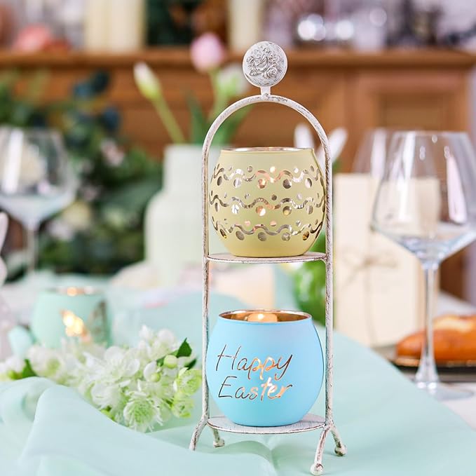 SHMILMH Easter Candle Holders 6PCS, Easter Table Decorations Glass Votive Tealight Candle Holders, Indoor Easter Centerpiece Decorations, Women Adult Easter Gifts