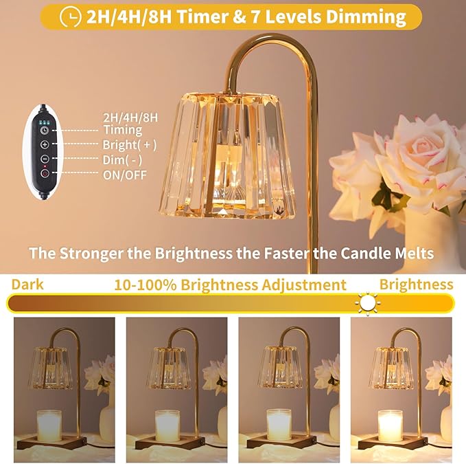 Candle Warmer Lamp With 2 Bulbs, Timer & Dimmer 7-Levels, Top Melting Compatible Jar Candles, Glass Heater for Scented Wax, Home Decor Gift for Mom (Clear)