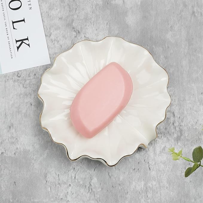 Soap Dish with Drain Ceramic White Lotus Leaf Soap Holder Soap Saver for Bar Soap, Kitchen Sink, and Bathroom Shower