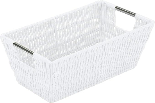 Simplify 11"x6.5"x4.5" Small Shelf Storage Woven Basket with Handles, Nursery, Playroom, Toys, Bedroom, Closet, Clothes, Office, Decorative Rattan Totes, White