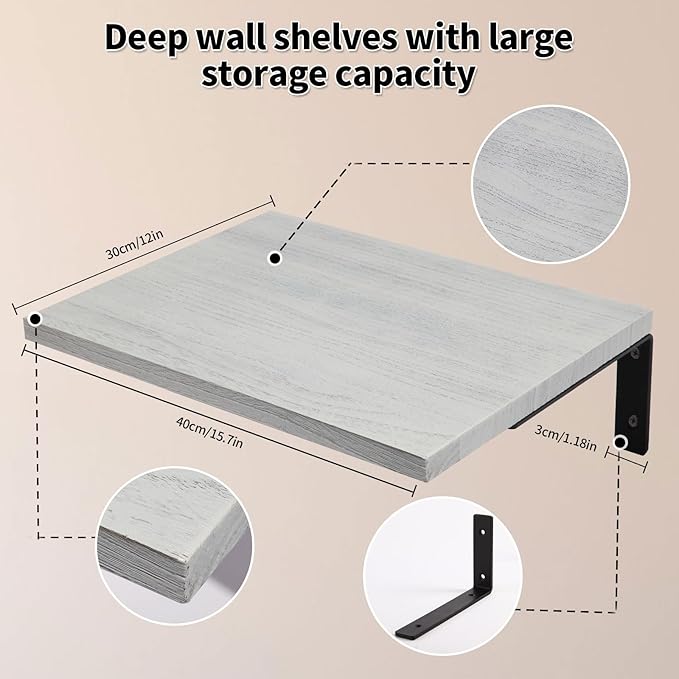 Floating Shelves Wall Mounted Rustic Wood, 12In Deep, Large Capacity Hanging Shelf for Home Decor(Living Room，Kitchen，Bathroom，Bedroom，Laundry) (Retro White)