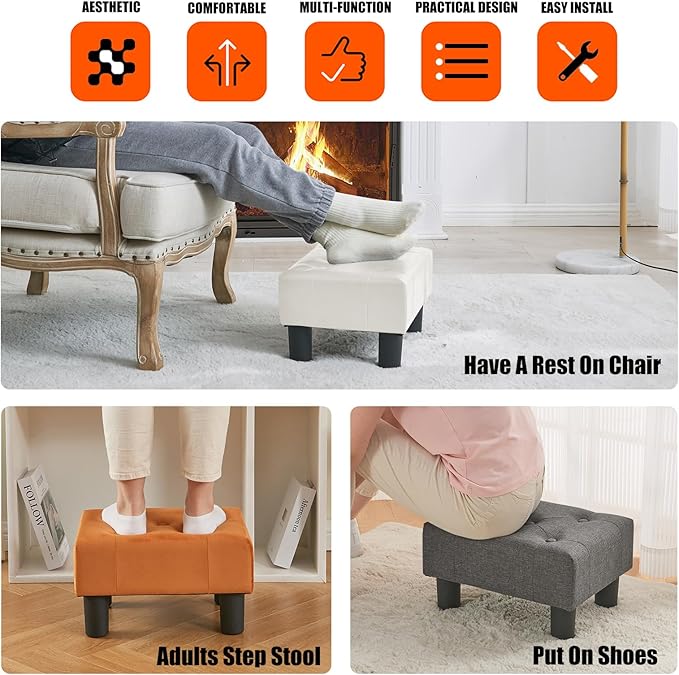 BRIAN & DANY Small Foot Stool, Leather Foot Stools with Legs, Stable Small Footstool for Living Room, White