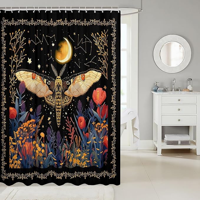 Feelyou Boho Golden Butterfly Fabric Shower Curtain Bohemian Moth Shower Curtain for Kids Moon Galaxy Black Bathroom Waterproof Accessories with 12 Hooks Flower Weed Botanical Curtains,72X84 Inches