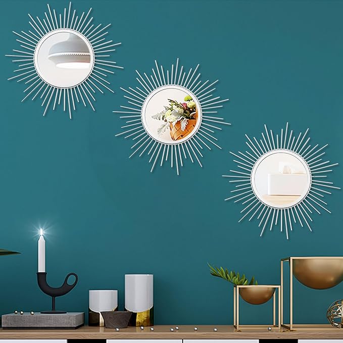 3 Pack Metal Mirrors for Wall Sunburst Wall Mirrors Home Décor Decorative Hanging Wall Art for Living Room Bedroom Entryway (Silver, Sunburst)