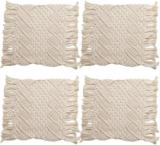 Handmade Cotton Woven Crochet Placemat with Tassels, 10 x12 Inches Small Place Mat for Bohemian Wedding Décor, Boho Table Mat for Farmhouse, Rustic Décor for Dining Table, Beige