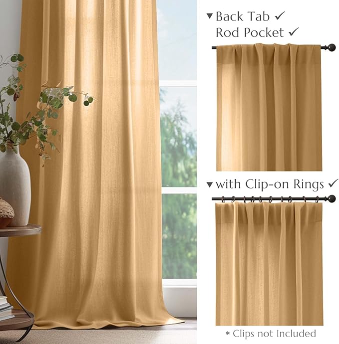 jinchan Linen Blend Curtains 96 inch Length 2 Panels for Bedroom Living Room, Floor to Ceiling 50 inch Wide Farmhouse Drapes with Rod Pocket Back Tab(50W x 96L, Mustard Yellow)