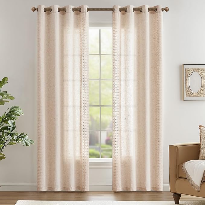 jinchan Boho Curtains for Bedroom Beige Linen Blend Curtains Farmhouse Embroidered Bordered Living Room Drapes 90 Inch Length Bohemian Light Filtering Grommet 2 Panels Ivory on Beige