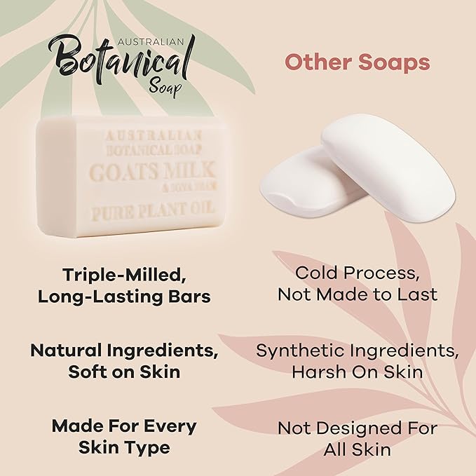 Australian Botanical Soap 7 OZ, Pack of 8, Goat Milk Soap Bars with Soya Bean Oil, Enriched with Organic Shea Butter, Suitable for All Skin Types, Packaging May Vary