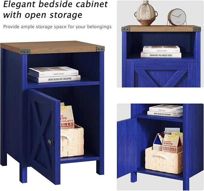 Farmhouse End Table, Nightstand, Set of 2, End Tables with Barn Door and Shelf, Modern Bed Side Table Rustic Nightstands Set for Bedroom, Living Room, Navy Blue