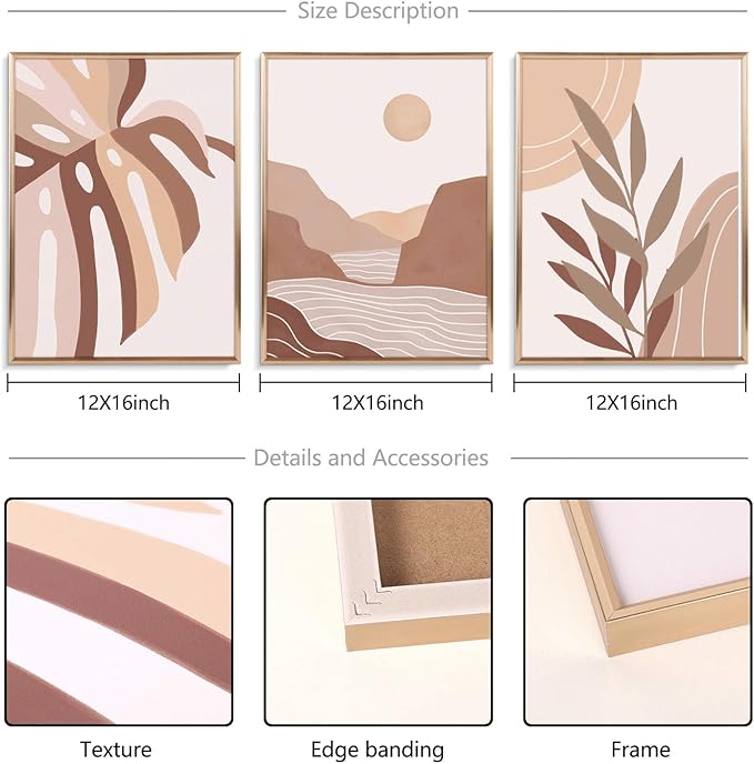 ArtbyHannah Boho Canvas Wall Art, 12x16 Inch Modern Gold Framed Neutral Wall Decor with Sun & Mountains Botanical Print for Living Room Bedroom Office Decorations (3 Piece)