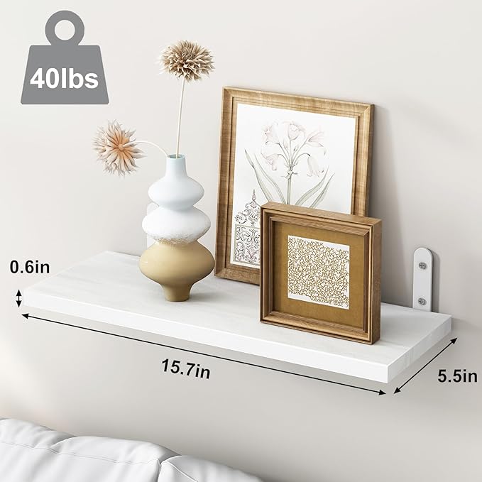 Fixwal Wood Floating Shelves for Wall Decor, Wall Shelves Set of 6, Wall Mounted Floating Shelf for Bedroom Decor, Bathroom Storage, Farmhouse Shelf for Wall - White