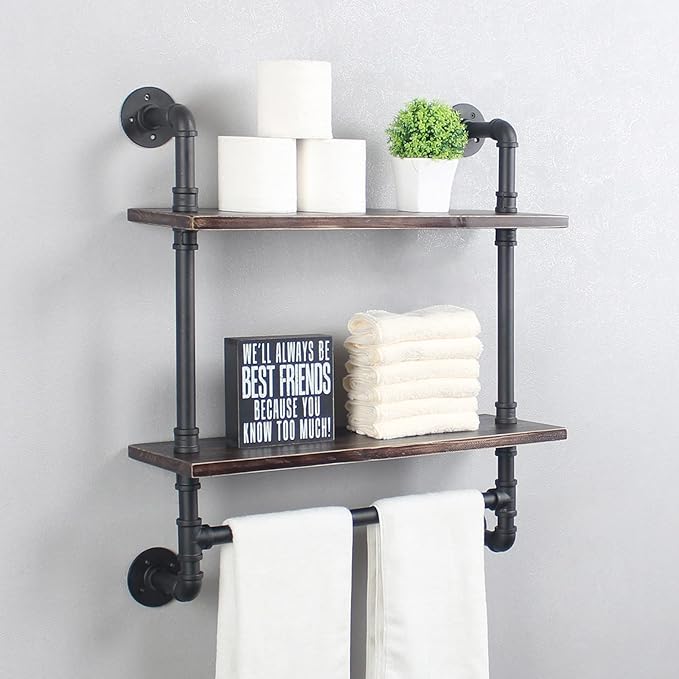 Pipe Shelving,Iron Pipe Shelves Industrial Bathroom Shelves with Towel bar,24in Rustic Metal Pipe Floating Shelves Pipe Wall Shelf,2 Tier Industrial Shelf Wall Mounted,Retro Black