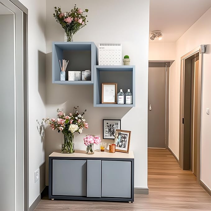 Kaboon Cube Floating Shelves Set2, Display Shelves Wall Mount 7.75" D x 12.5" W x 12.5" H, (Greylish Blue, Square 2 Cubes)