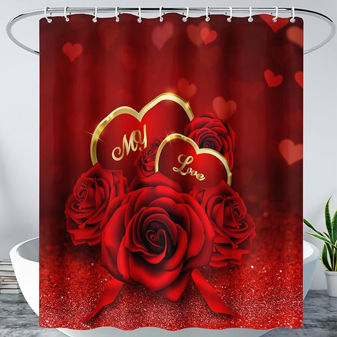 AILONEN Red Rose Shower Curtain for Bathroom, Romantic Flower Rose 3D Printed Valentine Wedding Bathroom Curtain,72" W*78" H Polyester Waterproof Bath Curtain with 12 Hooks
