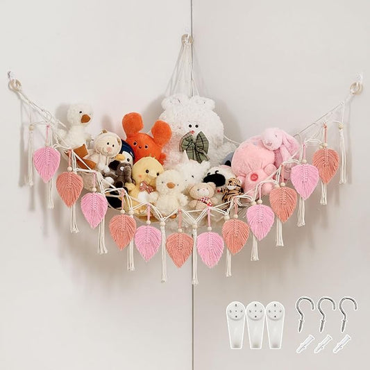 Pretty Jolly Macrame Leaf Wall Hanging Storage Hammock, 59" Boho Corner Organizer with Tassels, Stuffed Animal Plush Holder for Kids Room Nursery Decor (Leather Pink & Light Pink)