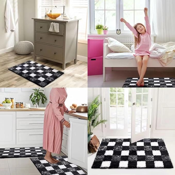 CozeCube Checkered Bath mats for Bathroom Non Slip, Fluffy Absorbent Microfiber Bath mat Washable, Aesthetic Bathroom Rugs, Cute Bath mat for Shower Sink, Jet Black, 24" x 16"
