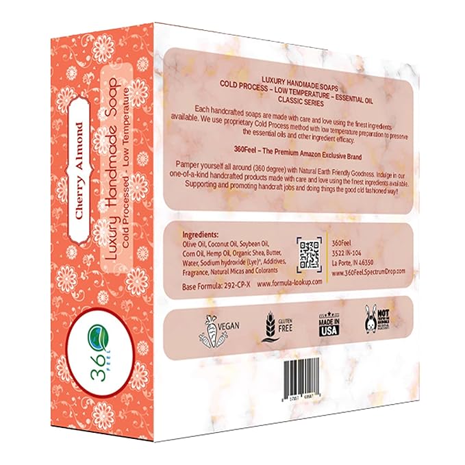 360Feel Cherry Almond Soap - Handcrafted Castile Soap Bar with Soothing Scent - Handmade with Essential Oil - Suitable Gift for Anniversaries, Weddings, and Holiday Stockings - Rich Lather