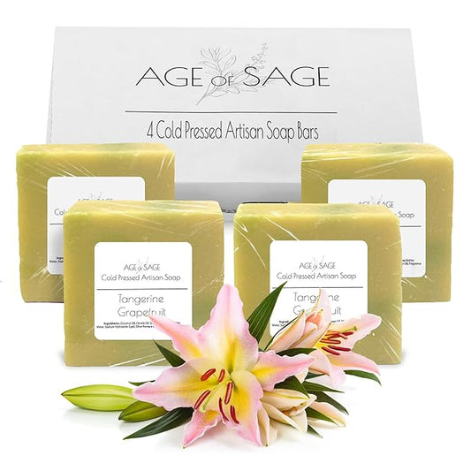 Handmade Natural Bar Soap Gift Set - Vegan Bath Moisturizing Artisan Scented Cold Process Soaps with Essential Oil - 4 Pack (Tangerine Grapefruit)