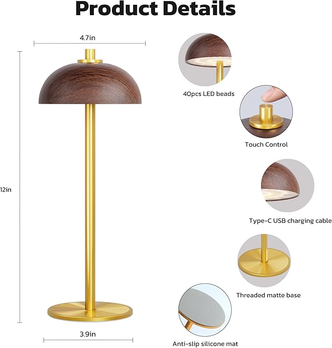 2 Pack Cordless Table Lamp, 5000mAh Portable Rechargeable Table Lamp, 3 Color Stepless Dimming Table Light with Memory Function, for Outdoor, Dinner, Patio, Home, Restaurant.(Wood Grain)