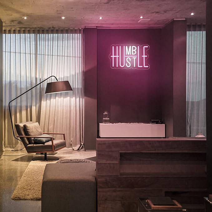 Hustle LED Neon Sign for Wall Decor, Humble LED Neon Lights for Party Decorations, USB Powered Switch Adjustable Brightness Lights, for Office Room, Gym Room, Man Cave Decor (Pink&White)