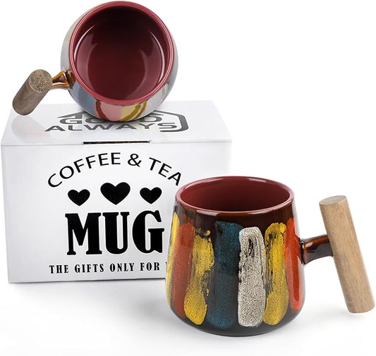Coffee Mug, 15 Oz Mug with Wood Handle for Coffee Bar, Latte, Cappuccino, Cocoa, Mocha, Valentines Day, Teacher Appreciation, Birthday Gifts for Women, 1 Gift Box (Red)