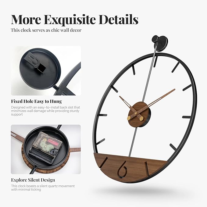 30 Inch Large Wall Clock for Living Room Decor, Walnut Wood Dial with Metal Frame, Silent Non Ticking Wall Clock Battery Operated for Kitchen, Office, or Bedroom