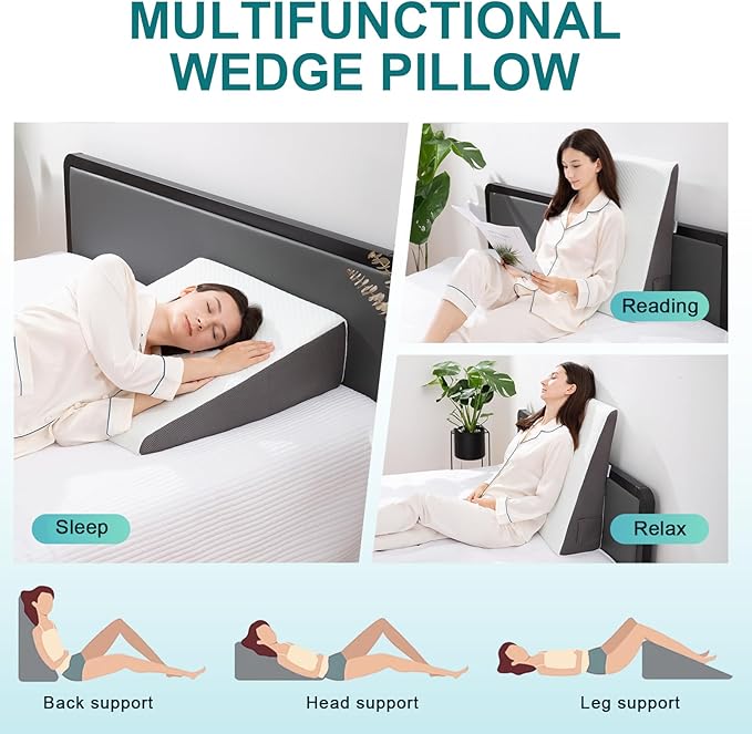 Bed Wedge Pillow for sleeping & Acid Reflux,7.5'' Memory Foam Triangle Wedge Pillow For Back Pain Relief, Leg, Neck Pain, Snoring, Bed Wedge Pillow Post Surger, Breathable Washable Pillowcase