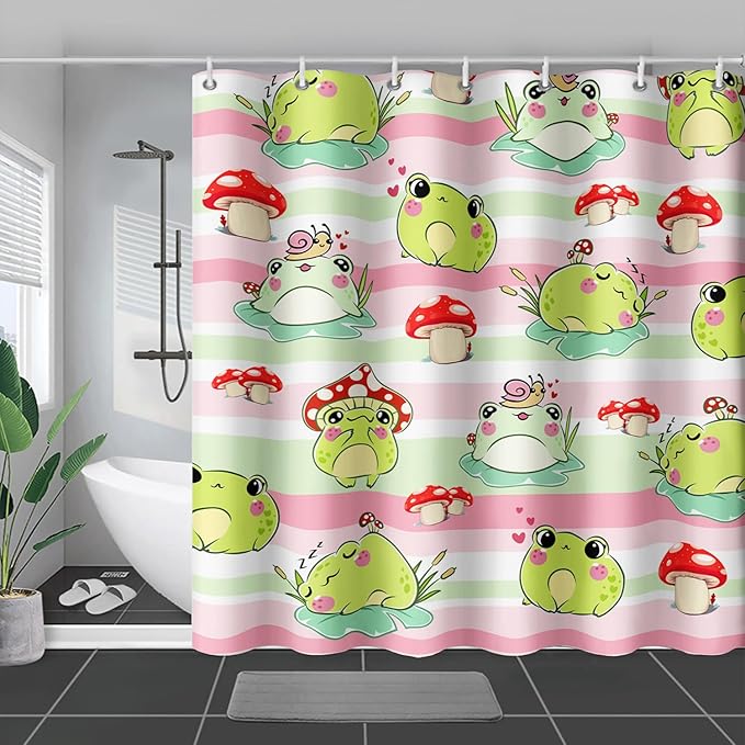 AILONEN Cute Frog Shower Curtain, Cartoon Mushroom Frog Printed Shower Curtain, 60" W*72" H Waterproof Green Wild Animals Kawaii Curtain with Grommets and 12 Hooks