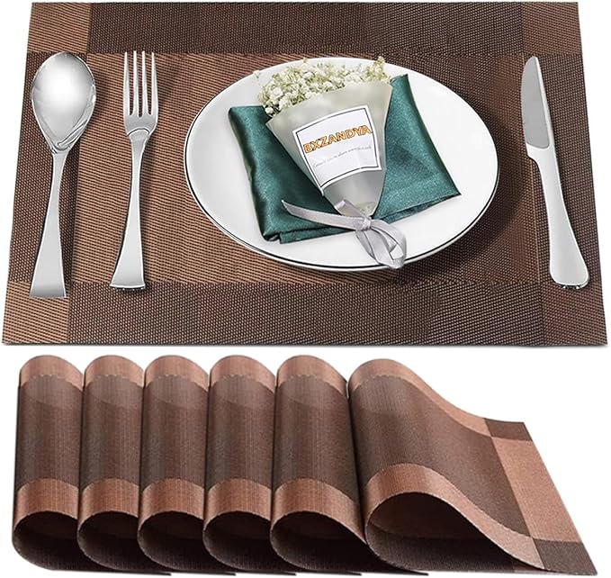 Placemats Set of 6,Washable,Heat and Stain Resistant Indoor/Outdoor Place mats, Vinyl Woven Non Slip Table Mats for Restaurant Table Protection, PVC Table Placemats.(Brown, 6PCS)