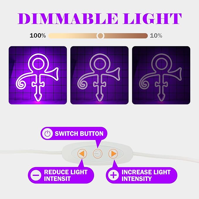 Prince Symbol Neon Sign for Wall Decor Dimmable Led Prince Neon Light Sign for Bedroom Music Singer Themed Party Gift Prince Neon Light for Prince Birthday Party Decoration, purple