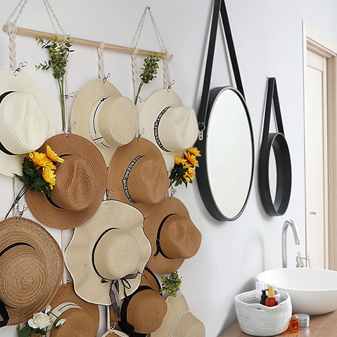 Macrame Hat Rack for Wall 31x53 in Hat Organizer with 15 Clips Hanging Hat Hangers for Wide Brimmed Hat Display Women Hat Storage Boho Hat Hanger Decorative Hat Holder for Fedora Cowboy Hat