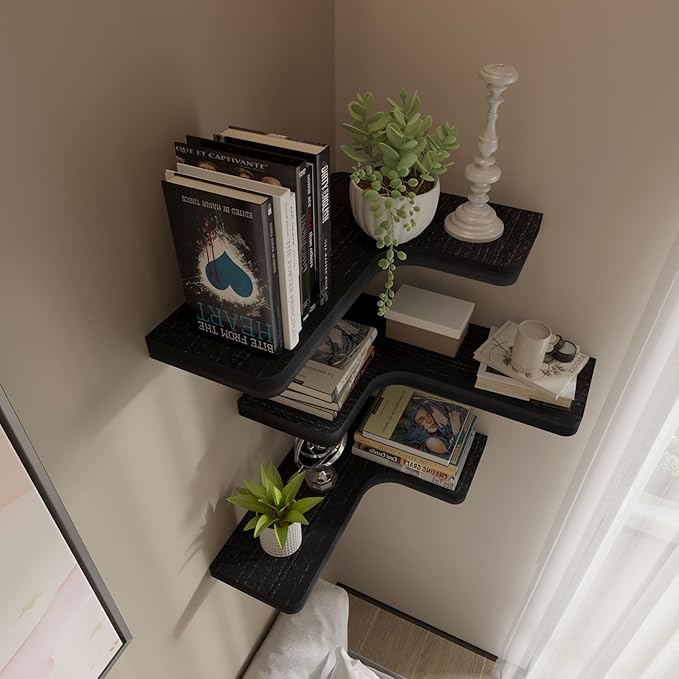 SAUMONIERES Corner Floating Shelves 24 Inch Wall Mount Shelf Solid Wood for Bedroom Bathroom Kitchen Storage Set of 2, Black