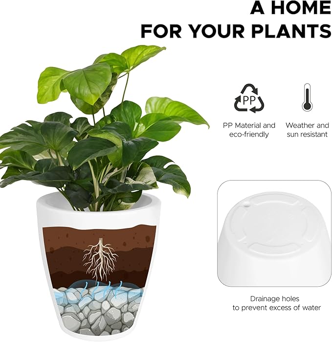 Elly Décor 12 inch Planter for Garden with Drainage, Large Round, Lightweight & Extremely Durable, Deck Indoor/Outdoor Plastic Pot, 12"x12"x7", White