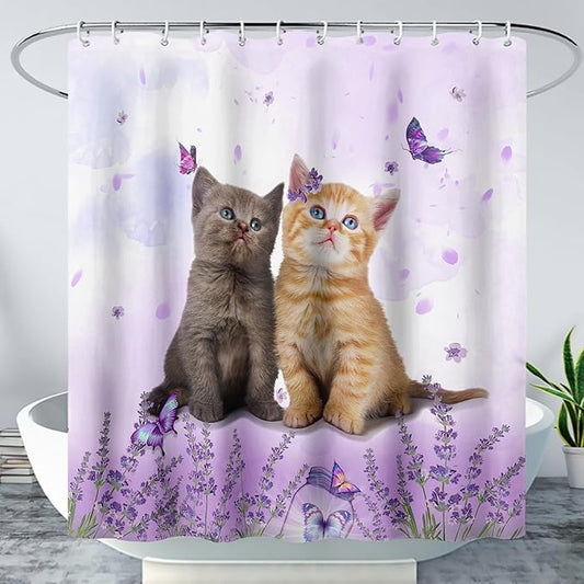 AILONEN Cartoon Cat Shower Curtain, Kawaii Kittens with Purple Flower Shower Curtain for Kids Girls Boys Bathroom Decor,Cute Pet Cat Lover Waterproof Shower Curtains Sets with Hooks,72" W*84" H