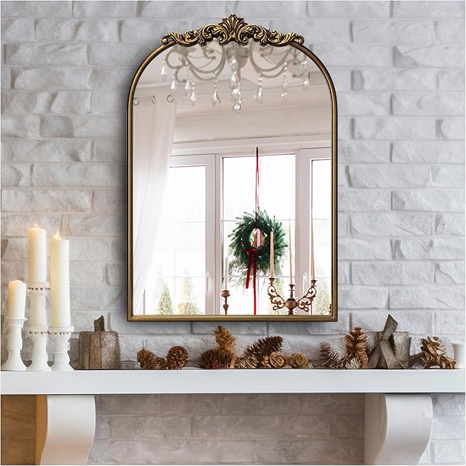 Ornate Baroque Vintage Gold Mirror - 19"X27" Arched Antique Brass Mirror with Full Metal Frame - Perfect for Entryway, Fireplace, Living Room, Hallway, or Bathroom Décor