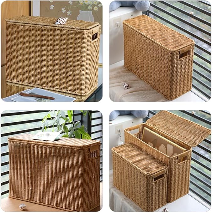 jojofuny Wicker Storage Baskets with Lids, Rattan Magazine Holder, Weave Sundries Basket, Woven Storage Container, for Storage, Living Room, Toy Organizing