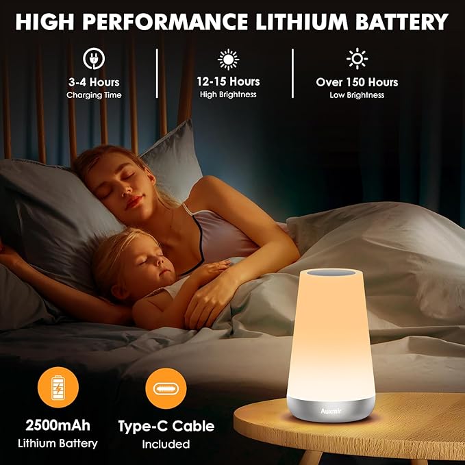 Night Light for Kids Baby, 2500mAh13 RGB Colors & 5 Brightness, Portable Rechargeable LED Bedside Lamp for Baby Nursery, Night Lights for Bedroom Living Room Bathroom Hallways, Silver
