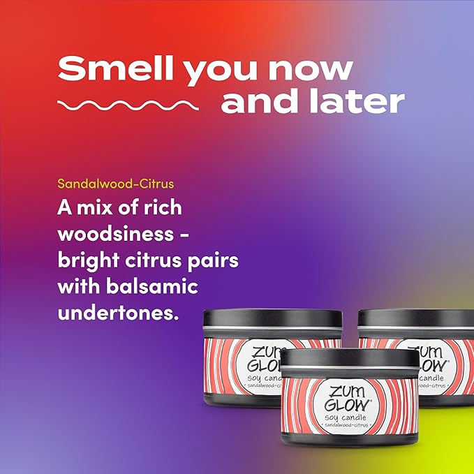 Indigo Wild Zum Glow Sandalwood-Citrus Candle - Soy Wax Candle with Lead-Free Wick - Relaxing Candles Scented with Essential Oils - Long-Lasting Scented Candles - 30-Hour Burn Time - 7 oz (3 Pack)