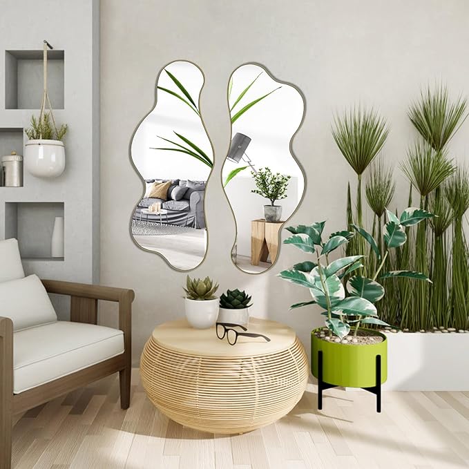 POZINO Irregular Wall Mirror, Asymmetrical Mirrors, 39.3"x16" Cloud Shaped Mirror, Gold Modern Mirrors for Bathroom Living Room Bedroom Entryway