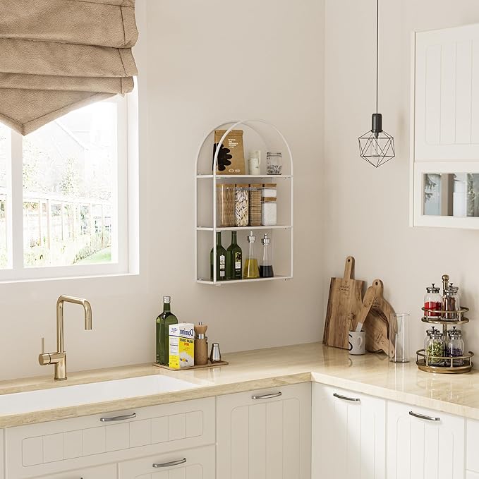 Crofy White Arched Frame Wall Shelf, Decorative 3 Tier Bathroom Wall Shelf with White Oak Finish Shelves and Robust Storage Capacity, 6" D x 17.9" W x 28.57" H