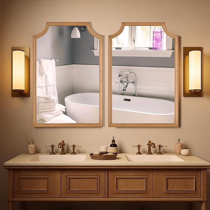 WallBeyond Scalloped Wood Mirror for Small Bathroom Vanity 20x30 Inch Rectangle Wall Mirror Decor for Hallway Bedroom Living Room Home (Natural)