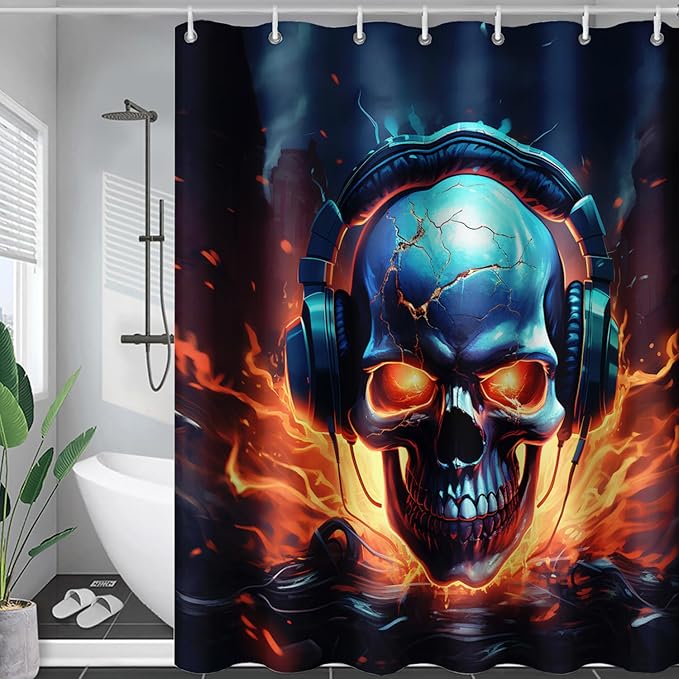 AILONEN Headset Skull Shower Curtain,Hip Hop Skeleton Fire Skull Bath Curtain,Cool Skull Decoration Bathroom Curtain with 12 Plastic Hooks,Waterproof 72" W*84" H