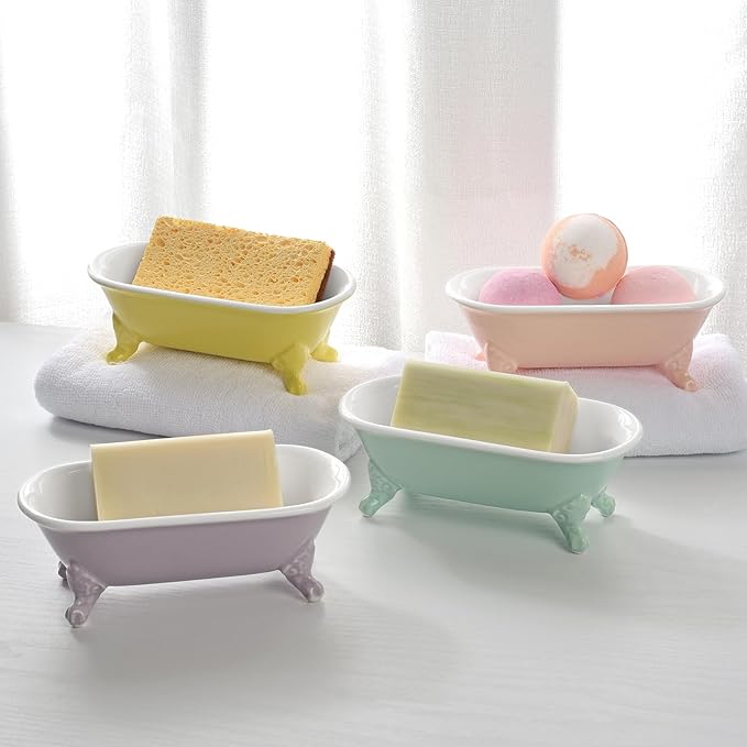 6.5" Ceramic Mini Decorative Clawfoot Bathtub Bar Soap Dish, Kitchen Sponge Holder and Shower Tray for Bathroom, 1 Pack(Lavender)